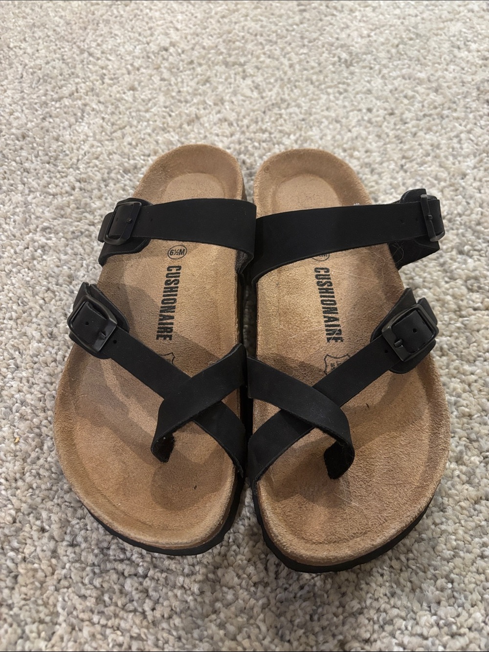 Cushionaire Women's Black Strappy Cork-Style Sandals